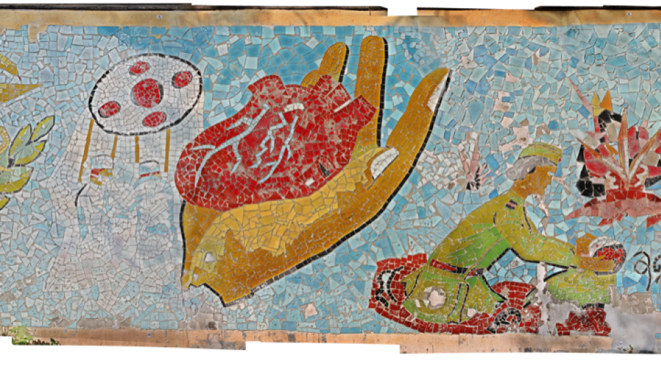 Autor neznámý, Milovická mozaika z budovy bývalé ošetřovny, 70. léta, transferovaná Art & Craft Mozaika z.s. v roce 2017, fotogrammetrie
