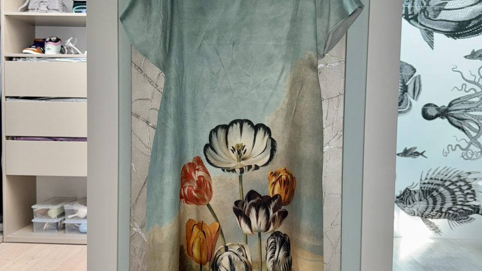 Obrazové šaty Nataliya šila na střední škole, autorem malby je holandský umělec