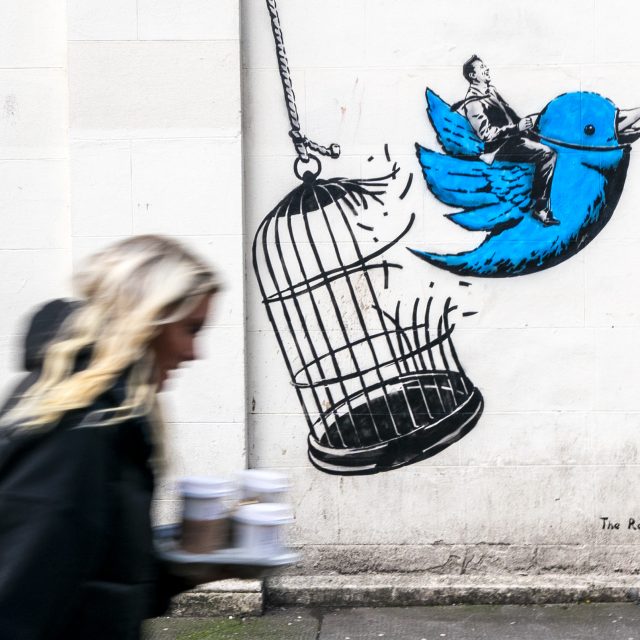 Street art od umělce,  který si říká Rebel Bear,  zobrazující přechod Twitteru pod Elona Muska. Nakolik je Muskovo vyobrazení trefné,  můžeme spekulovat | foto: Profimedia